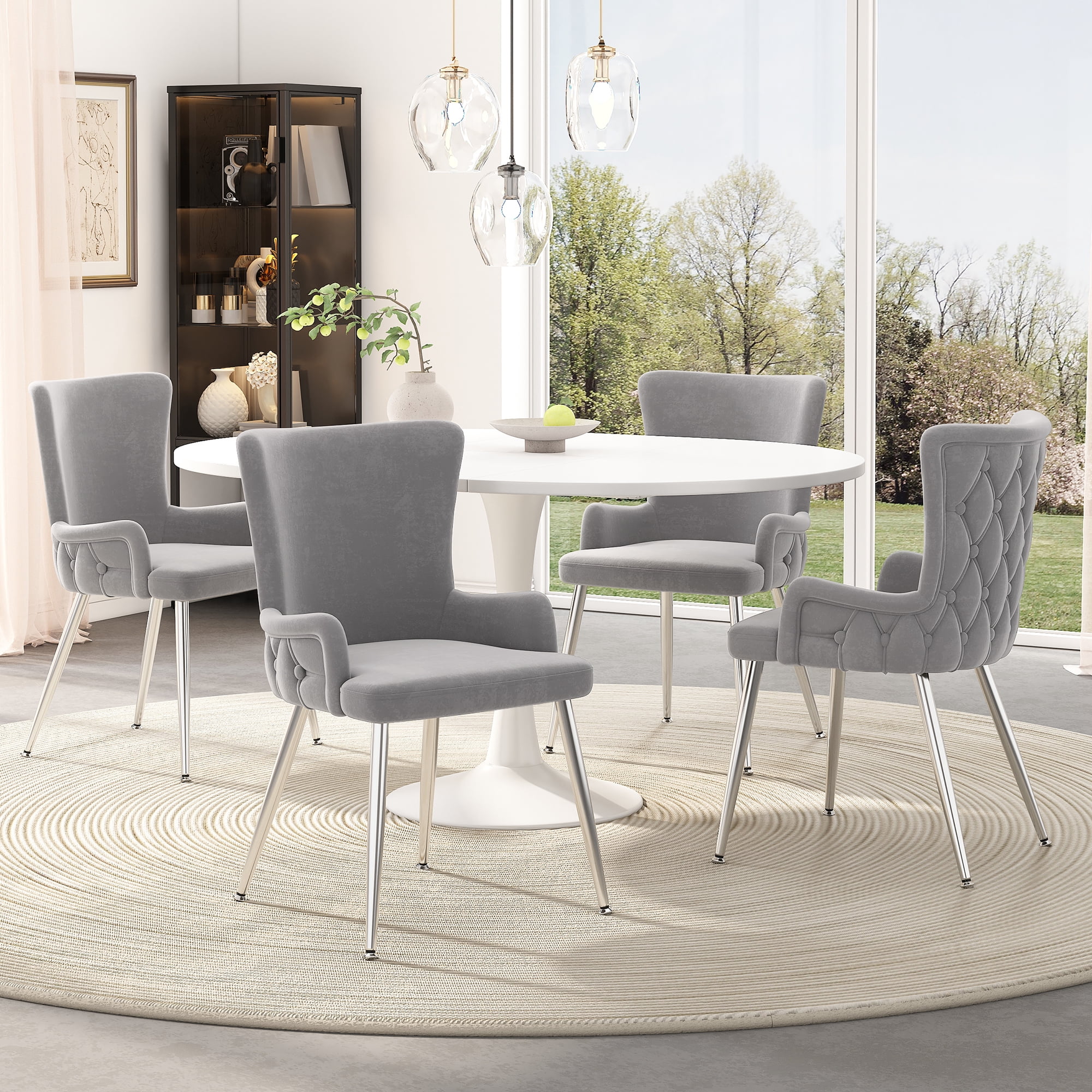 Noble House Ensemble de Salle à Manger Pcs, Table Ronde Extensible Blanche pour –6 avec Chaises en Velours, Pieds en Métal Dor