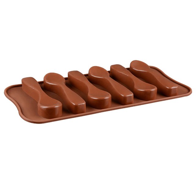 Agiferg Silicone Spoon Baking Mold in coffee color, featuring six spoon-shaped cavities on a rectangular food-grade silicone tray. This DIY baking tool is ideal for making chocolate, candy, jelly, or biscuits. Safe for use in ovens, microwaves, dishwashers, and freezers, with a temperature range of -40℃ to 230℃.
