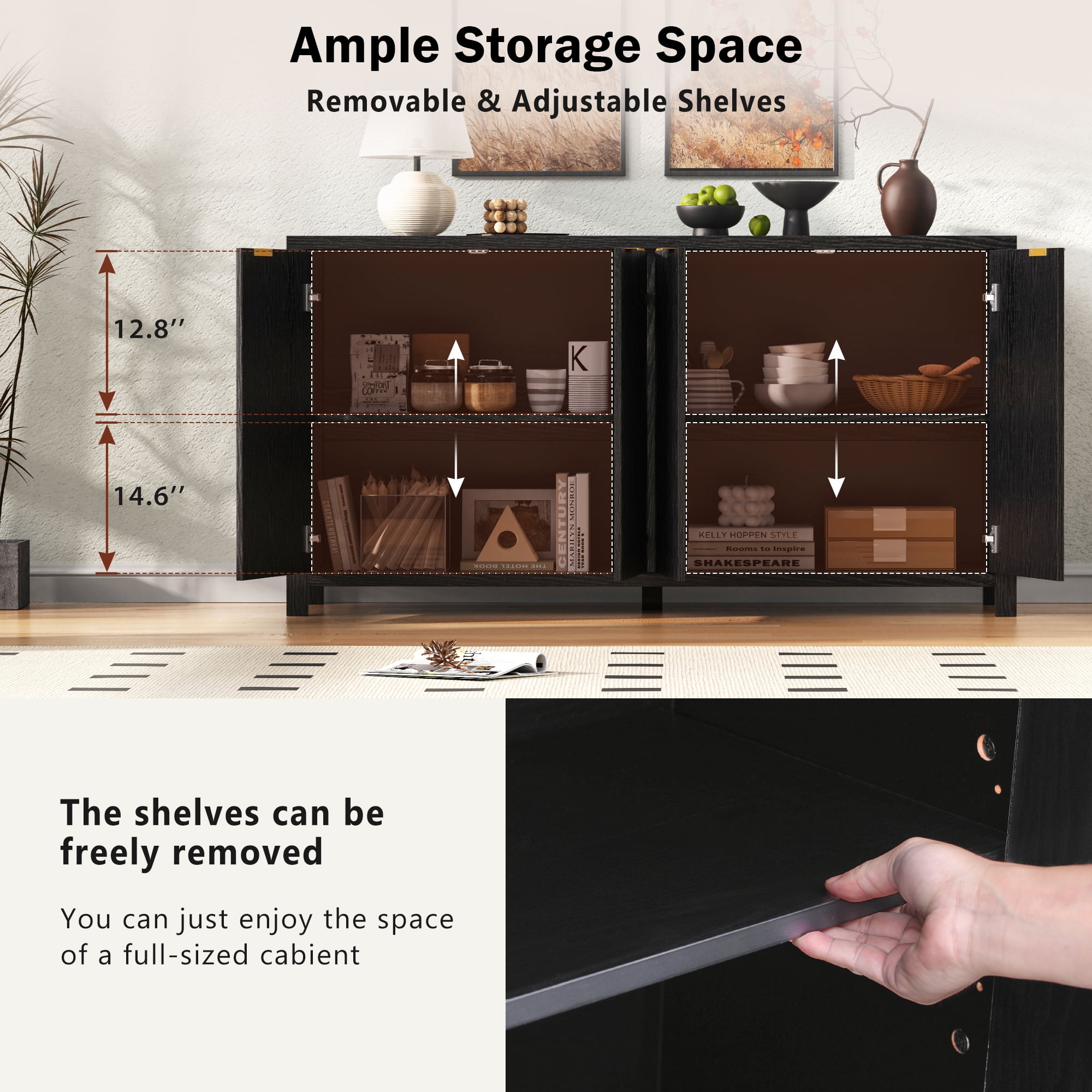 Noble House 55" Fluted Buffet Cabinet,4-Door Farmhouse Accent Storage with Adjustable Shelves for Dining Room,Black