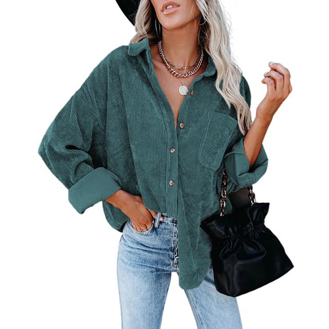 Womens Corduroy Casual Button Down Shirts Long Sleeve Boyfriend Oversized Collared Shacket Jacket Blouses Tops