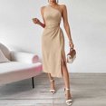 thumbnail image 4 of Ovzne Robes pour Femmes Robe Femme Mode Femme Couleur Unie Sans Manches Épaule Oblique Taille Découpée Robe de Printemps Liquidation, 4 of 6