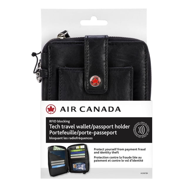 Air Canada RFID Blocking Tech Travel Wallet/Passport Holder in black synthetic leather with a front snap strap featuring the Air Canada red maple leaf logo, designed to secure passports, credit cards, and travel documents against payment fraud and identity theft, with multiple card slots and a zippered compartment for organization, also suitable for storing business cards and boarding passes.