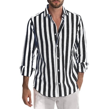 Hontri Men Shirts Fashion Deals under $15, Mens Fashion Casual Striped Linen Buckle Lapel Long Sleeve Shirt Top Black 3Xl