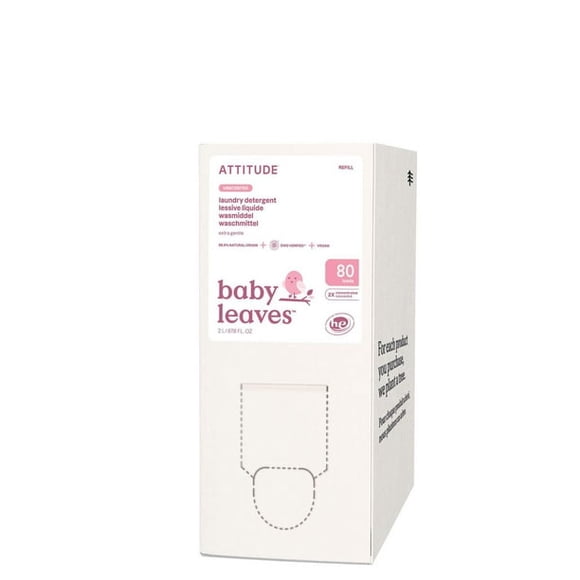 ATTITUDE Feuilles pour Bébé, Détergent à Lessive, Recharge, Non Parfumé, 80 Brassées, 2 L