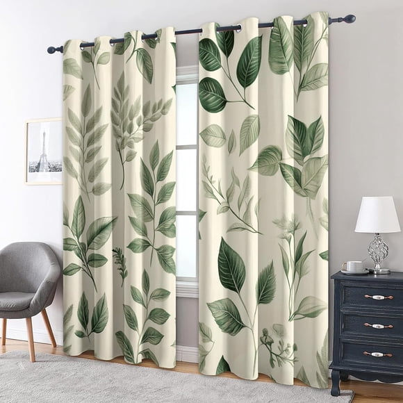 Rideaux Occultants Vert Sauge Feuilles Nature, Panneaux de Fenêtre pour Chambre Salon Cuisine 53"L x 84"H (Lot de 2)
