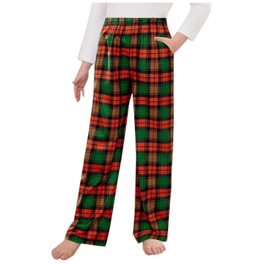 Splozh Girls Boys Fleece Joggers Sweatpants Pajama Pants for Girls Long Sleep Plaid Pants Soft Pj Bottoms with Pockets Green,12-13 Years