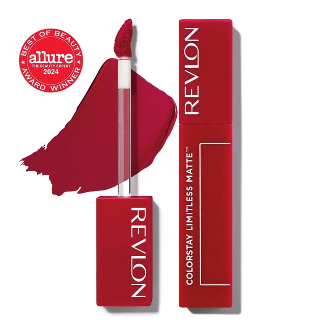 Revlon ColorStay Limitless MatteTM Rouge à Lèvres Liquide Rouge Foncé avec tube Rectangulaire Rouge Mat et Marque Blanche, Doté d'Un Applicateur Pointu Qui Épouse les Lèvres et d'Un Nuancier de Rouge à Lèvres. Il Offre une Tenue Longue Durée, une Finition Mate Sans Bourrelet et une Formule 100 % Végane Convenant aux Lèvres Sensibles.