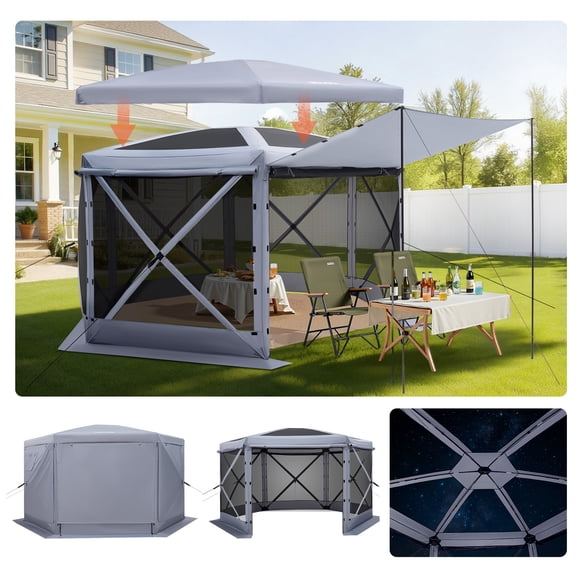 VEVOR Tente Moustiquaire Pop-Up pour Gazebo, 12 x 12 Pi Grande Tente de Camping à 6 Côtés avec Toit Amovible et Sac de Transport, Installation Rapide et Anti-Morsures, Abri Pare-Soleil pour 8 à 10 Personnes Cour Arrière Patio, Gris