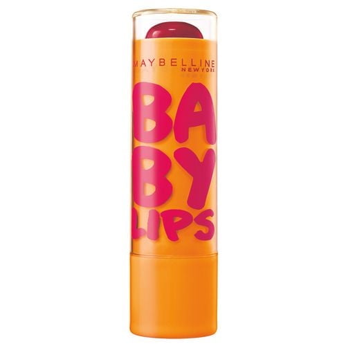 Maybelline New York Baby Lips®, Moisturizing Lip Balm, 4.4g in a vertical orange tube with large pink BABY LIPS lettering and a clear cap showing the red balm, offering eight-hour hydration and lip repair, often used alone or under lipstick for smooth, renewed lips.