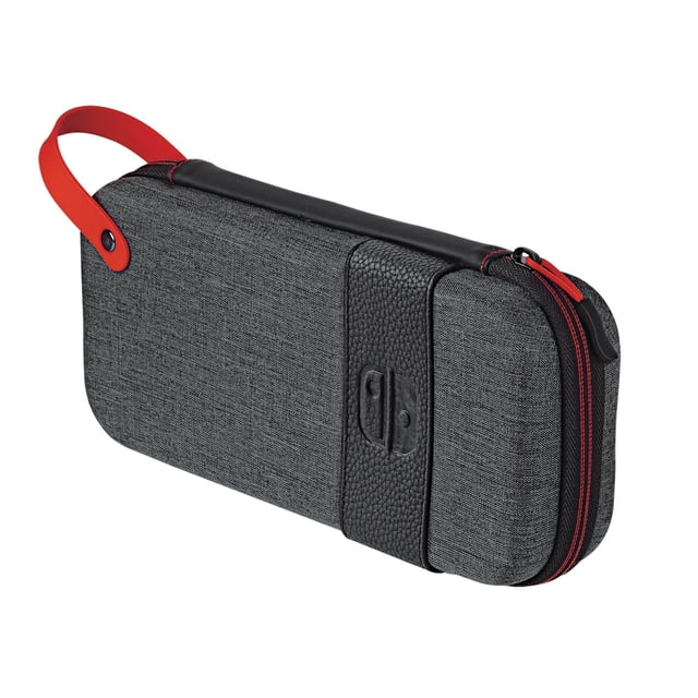 Édition Élite de Voyage de Luxe PDP Case : pour Nintendo Switch, Switch Lite et Modèle Switch OLED en Gris avec Tissu Texturé et Cuir Galetté Noir Présentant le logo Nintendo Switch, la Fermeture Éclair Rouge et la Poignée, Conçus pour un Rangement Sécurisé de la console, jusqu'à 14 Jeux et Accessoires.