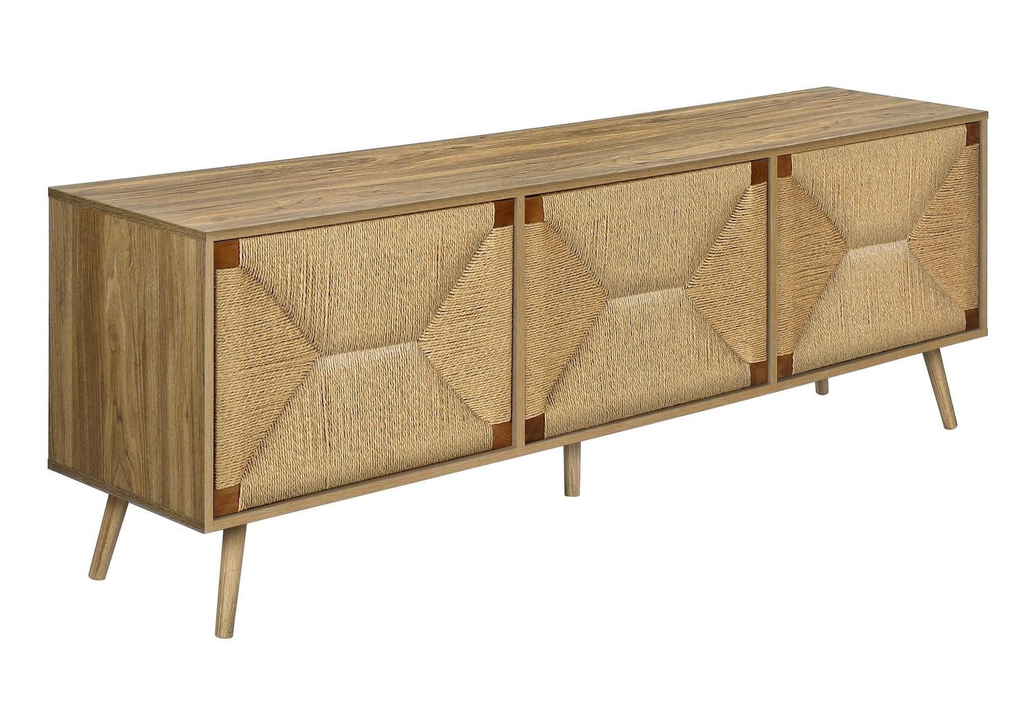 Monarch Specialties Meuble TV, 72 po, Centre de divertissement, Cabinet de rangement, Console, Laminate noyer, Herbe de mer naturelle, Mi-siècle, Moderne
