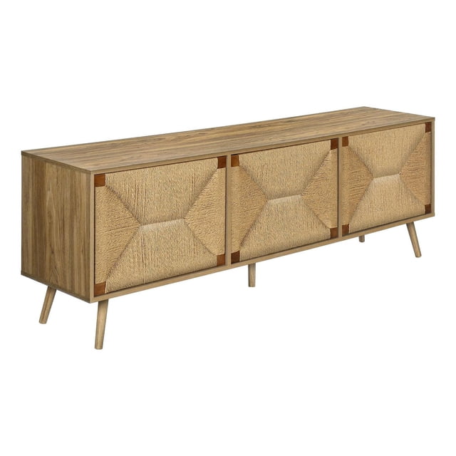 Monarch Specialties TV Stand, 72 inch media entertainment center in light walnut laminate with natural seagrass cabinet doors featuring geometric woven patterns, solid wood tapered legs, push latch doors, and cable management holes for organized storage, also suitable for use as a stylish storage console in living or family rooms.