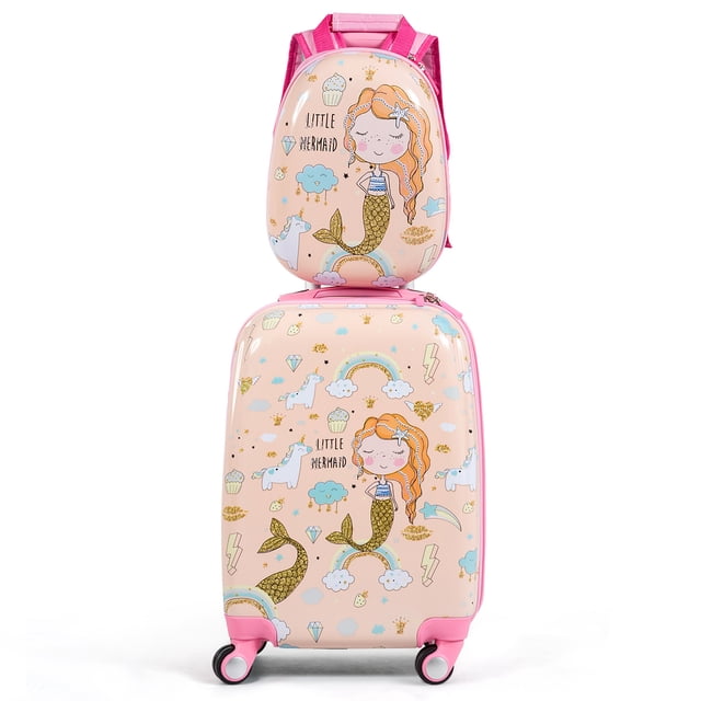 Costway 2PC Kids Luggage Set with an 18-inch rolling suitcase and a 12-inch backpack in flesh pink featuring a mermaid design. Designed for kids, the suitcase includes four flexible wheels and an adjustable aluminum alloy handle, while the backpack has widened webbing straps for ergonomic comfort. Made of durable ABS and polycarbonate materials, this lightweight set offers anti-vibration resistance and ample storage capacity. Ideal for kids' travel luggage needs.