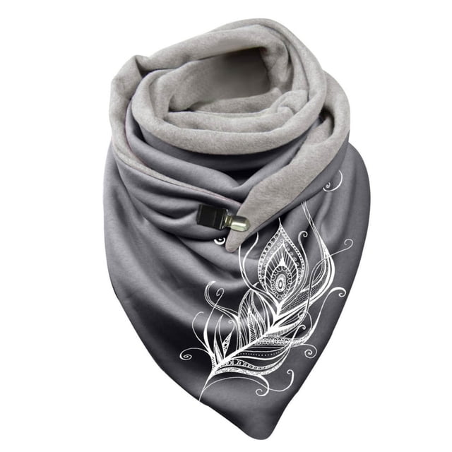 Women Feather Print Cotton Winter Warm Button Up Scarf