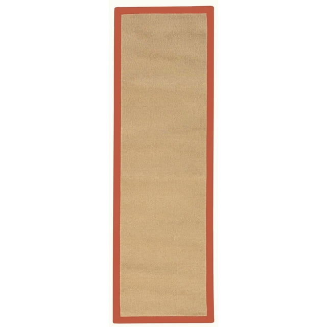 Athena Sisal & Burnt Orange 2'6" x 12' Runner with a natural sisal-textured wool center and burnt orange wool border, tufted and hand-bound in the USA with slate grey cotton binding, designed for durability in hallways and bathrooms, suitable for layering in transitional home decor.