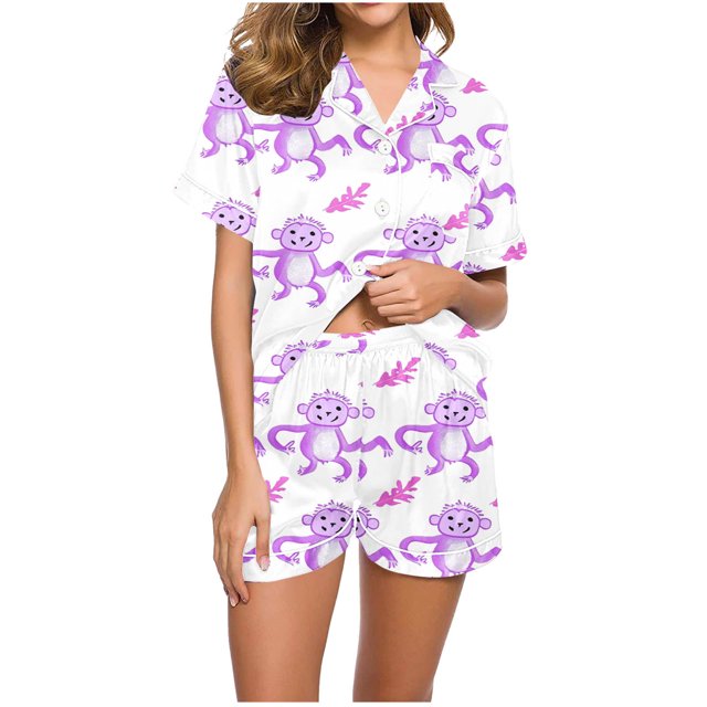 Jamicy Pyjama Mignon Femme Mode Décontractée Imprimé T-Shirt à Manches Courtes à Col à Revers avec Short Ample Confortable Ensemble de Pyjama pour la Maison
