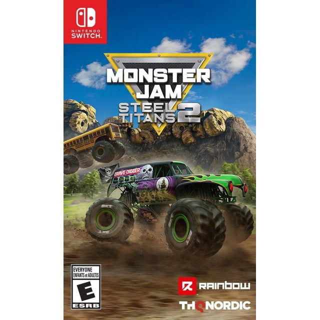 Monster Jam Steel Titans 2 Nintendo Switch game cover featuring the Grave Digger monster truck with green and purple paint, skull and flame graphics, driving on a dirt track with dust. A yellow Higher Education monster school bus truck jumps in the background against rocky cliffs and blue sky. The cover includes the Nintendo Switch logo, ESRB Everyone rating, and Rainbow and THQ Nordic publisher logos. The game offers more trucks and new Monster Jam worlds.