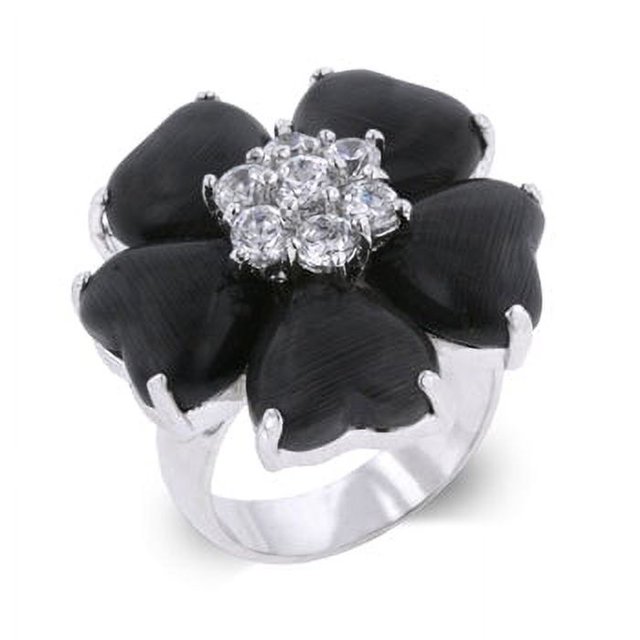 Precious Stars Silvertone Black Heart and Cubic Zirconia Flower Ring