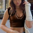 thumbnail image 3 of Womens V Neck Short Sleeve Racer Back Tank Tops Halter Neck Crop Top, 3 of 6