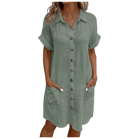 Women's Comfortable New Casual Teenager Casual Dresses Solid Color Button Mid Dressed for Womens Length Short Sleeve Loose Casual Maxi Dress Shirt Casual Dress