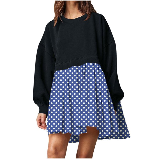 EQWLJWE Mode Femmes Décontractée Ample Col Rond Manches Longues Imprimé à Pois Ondulés Confortable Robes Imprimées Fluides Chandails en Molleton Mini Robe Robes de Retour 2023