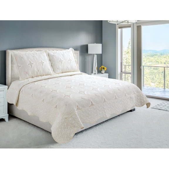Marina Decoration Embroidered Stitching Coverlet Bedspread Ultra Soft Solid Bedding Summer Quilt Set with Quilted Sham, Cream Geometric Circles Pattern