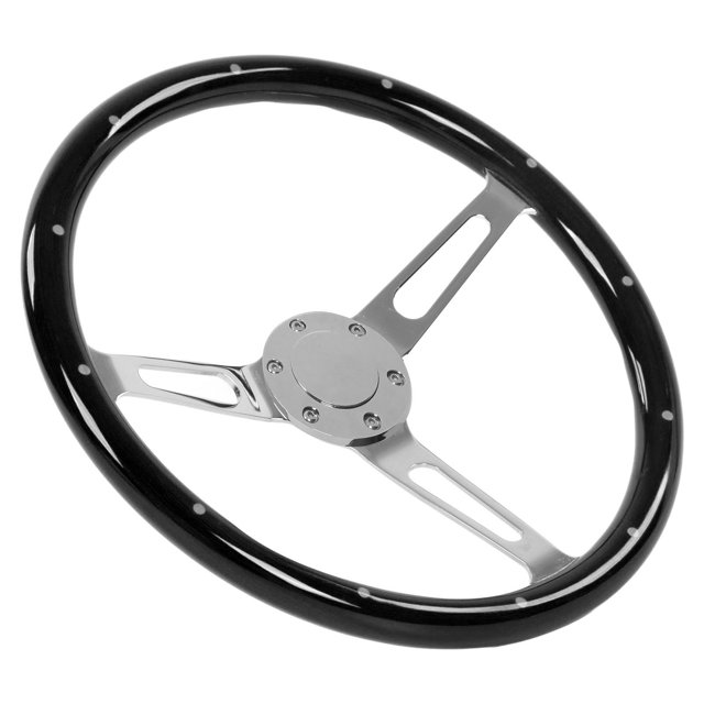 Steering Wheel, 380mm 15" Classic Nostalgia Style Wood Grain Steering Wheel, Slotted 3 Spoke Steering Wheel Riveted, 6 Bolts Walnut Wood Grip, Universal Auto Replacement Parts