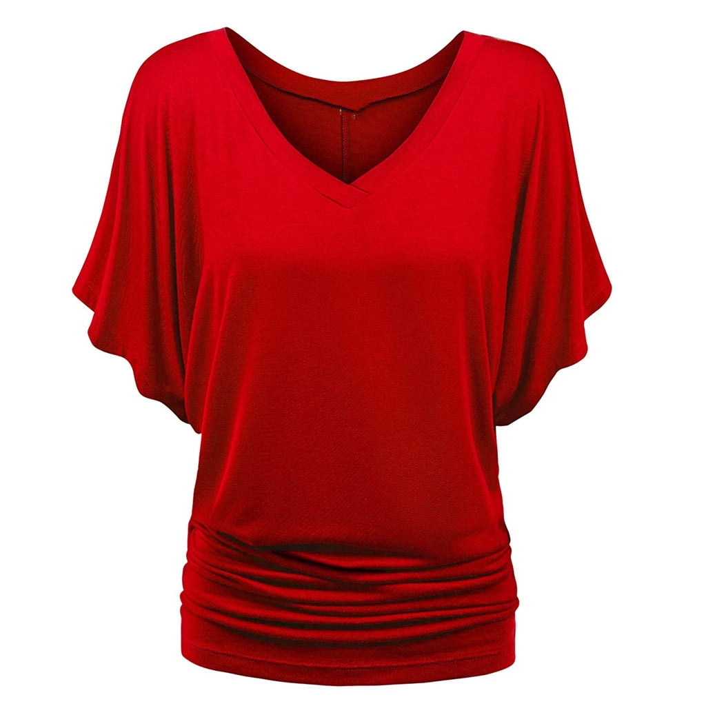 Kcodviy Plus Top V Neck Exercise Tops for Women Plus Size Sleeve Batwing Loose T Ruffle Blouse for Women Shirt Size Fold Hem Top Woman Clothes Women Solid Plus Size Womens Plus Size Shirts Tops