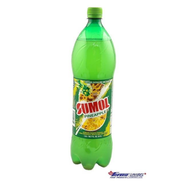 Sumol Pineapple 1.5lt green plastic bottle with a green cap, featuring a label with the Sumol logo and pineapple graphics, containing a sparkling pineapple juice beverage from concentrate with 8% juice and pulp, a Portuguese fruit juice popular for refreshment and often used as a mixer in drinks.