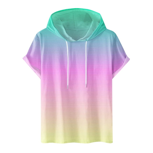 Besolor Mens Casual Hooded Tops Gradient Drawstring Short Sleeve Shirts Sports ness Pullover Summer Blouse