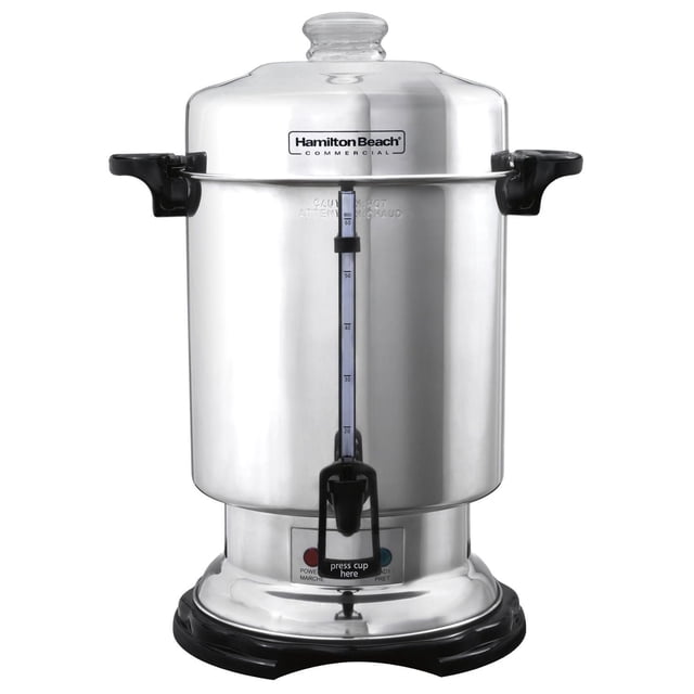 Hamilton Beach Urne à Café de 60 Tasses D50065C avec Corps en Acier Inoxydable, Poignées Noires, Fenêtre de Niveau d'Eau Marquée pour 60 Tasses, Robinet à Déclenchement avant de Tasse, et Voyants Indicateurs d'Alimentation et de Prêt sur la base, Idéale pour Servir du Café Lors de Grandes Réunions.
