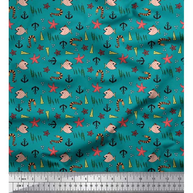 Soimoi Georgette Viscose Fabric Anchor Hook,Shell & Starfish Ocean Decor Fabric Printed Yard 42 Inch Wide