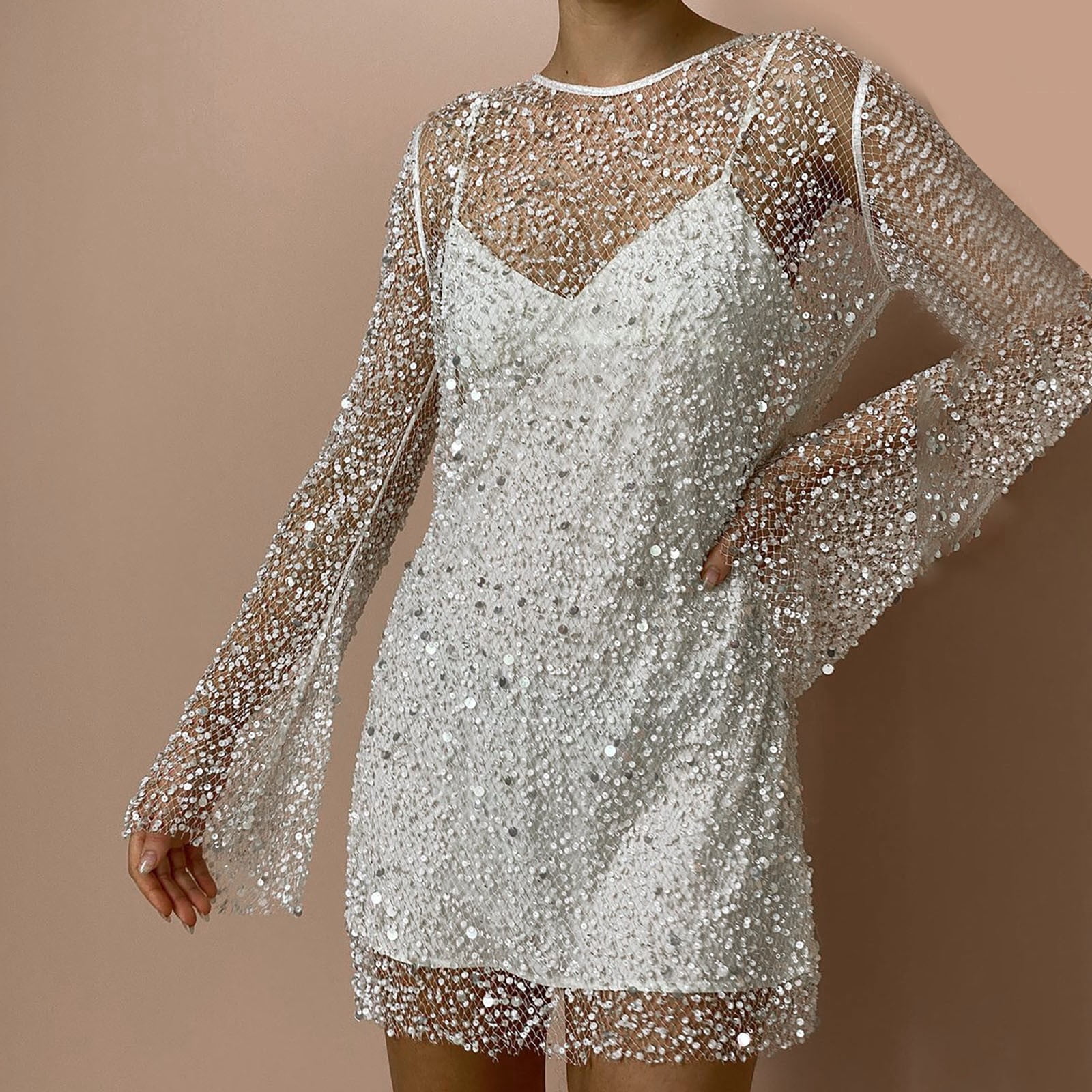 WILLBEST Robes pour Femmes Assemblage Jupe à Sequins pour Femmes Grandes et Petites Perles Robe à Bretelles en Maille Transparente Deux Pièces