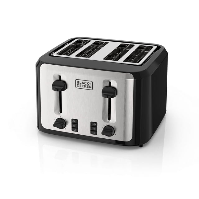 Black+Decker 4-Slice Toaster in stainless steel and black with extra-wide self-centering slots, two high-lift levers, seven shade settings, bagel and frozen functions, and drop-down crumb trays, suitable for quick family breakfasts.