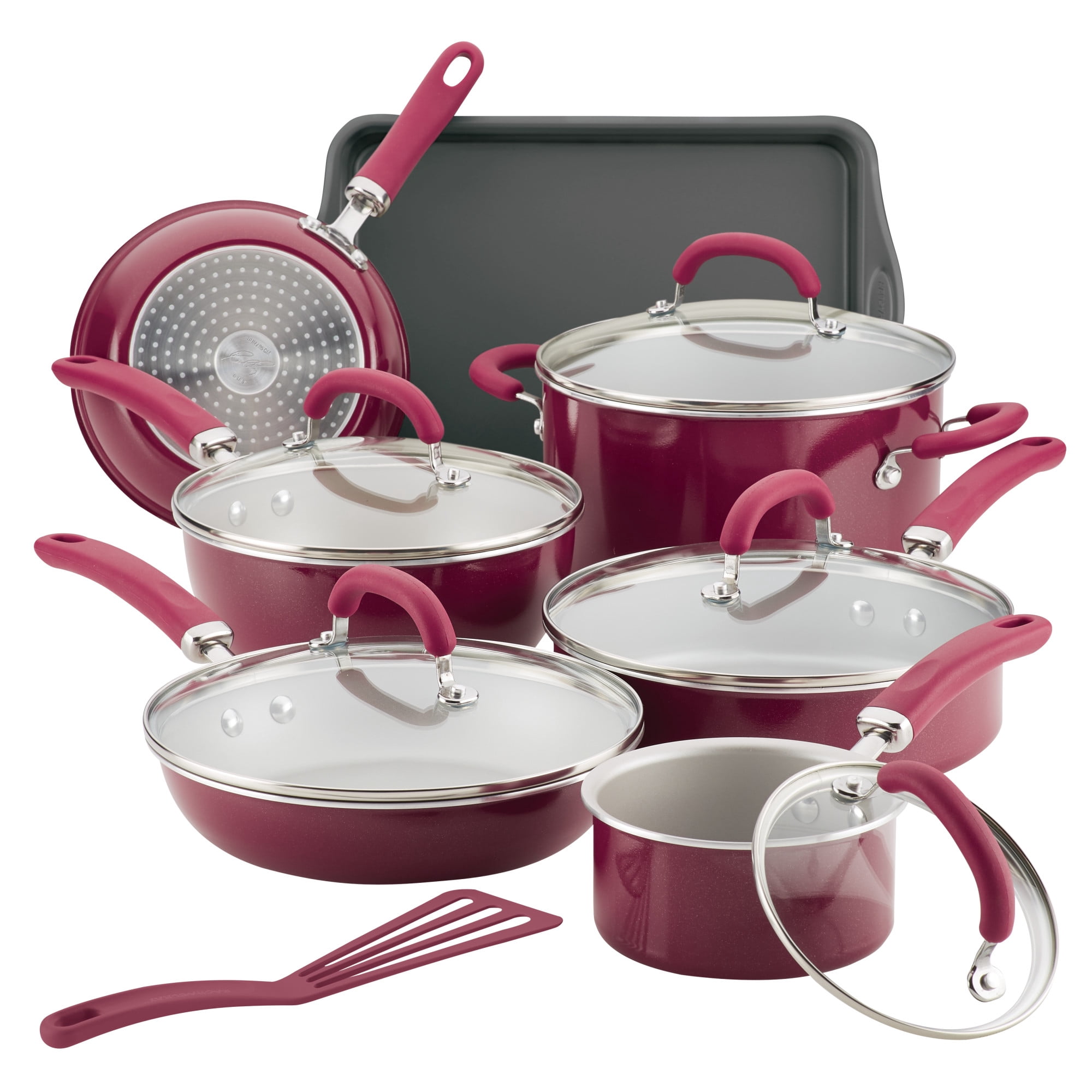 Rachael Ray Create Delicious 13 Piece Nonstick Cookware Pots and Pans Set, Burgundy Shimmer