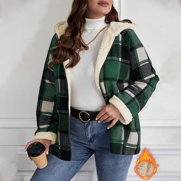 UPPADA Fleece Lined Flannel Shirt Women Sherpa Fall Jacket Shirt Hooded Coats Fall Fashion Jacket Warm Button Up Plaid Shirt,Green Flannel Women,XL