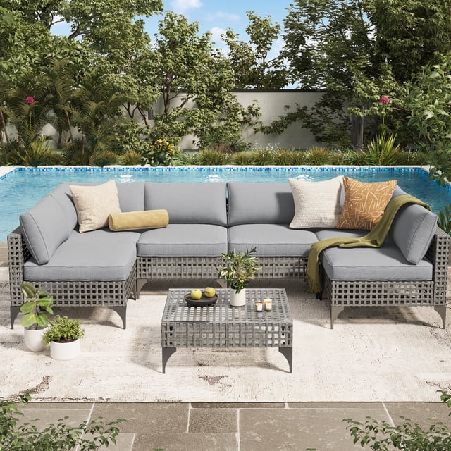 YODOLLA 7 Pieces Patio Conversation Set with Tea Table, Outdoor Sectional PE Rattan Wicker Furniture Seat, Gray Rattan& Light Grey Cushion and Pillow