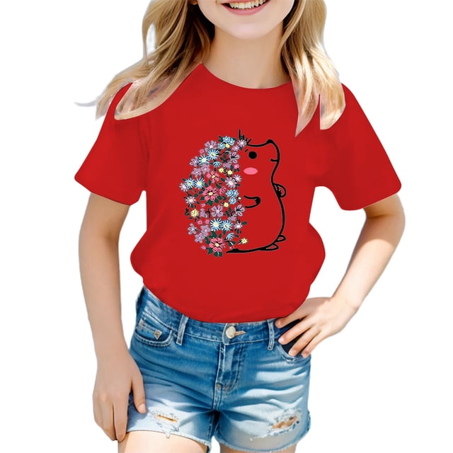 PMVFHDE Hauts pour Filles T-Shirts pour Filles T-Shirts Graphiques T-Shirts pour Fille Hauts d'Été Tendance pour Filles Hauts d'Été pour Fille T-Shirt Graphique Mignon pour Fille Col Rond Manches Courtes T-Shirt d'Été Rouge, 9-10 Ans