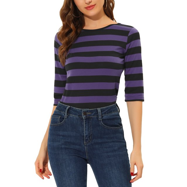 INSPIRE CHIC Hauts pour Femmes Non Doublés Col Rond Manches au Coude Coupe Ajustée T-Shirt Décontracté m Noir Violet