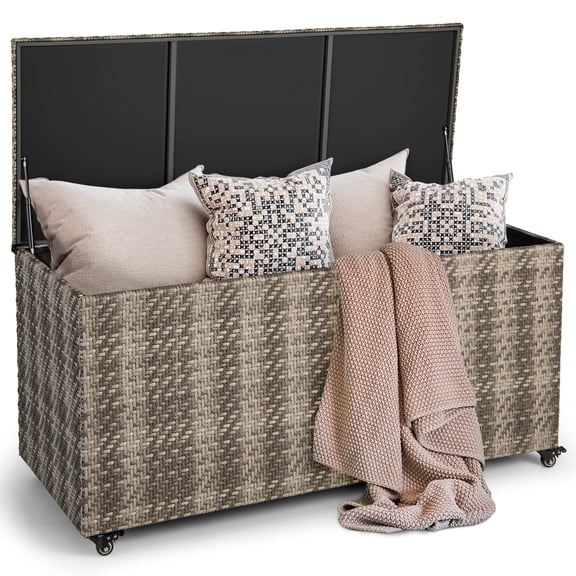 Patiojoy Coffre de Rangement Extérieur de 96 Gallons en Osier PE pour Terrasse avec 4 Roues et Doublure Imperméable, Contenant de Rangement en Rotin pour Patio, Gris Mélangé