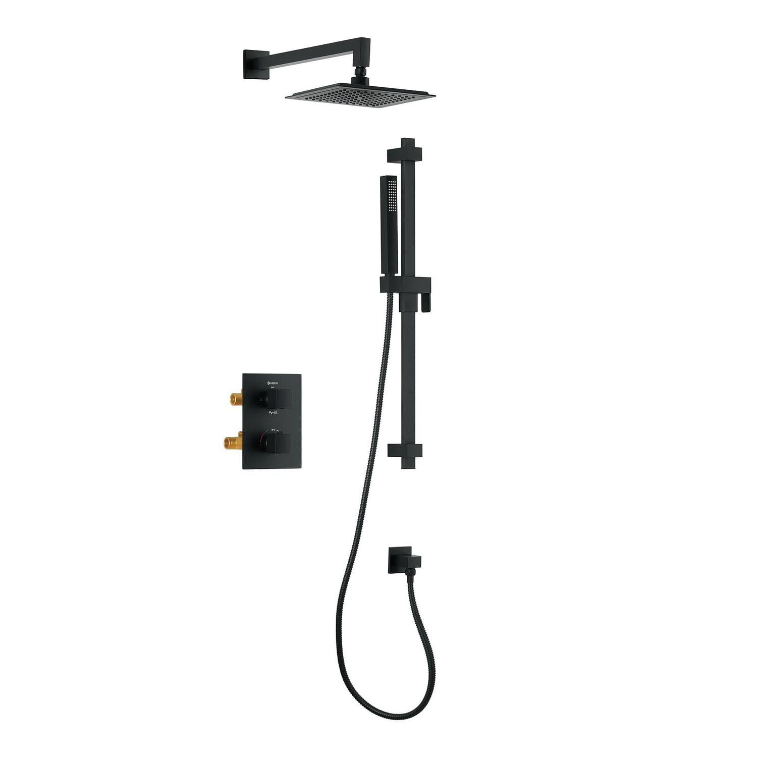 Square 3-functions thermostatic valve. handheld handshower and shower head, or simultaneously, matte black finish