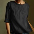 thumbnail image 1 of Qertyioot Chemise pour Femme Basique Unie Ample à Col Rond à Manches Mi-Longues en Coton et Lin Plié, 1 of 6