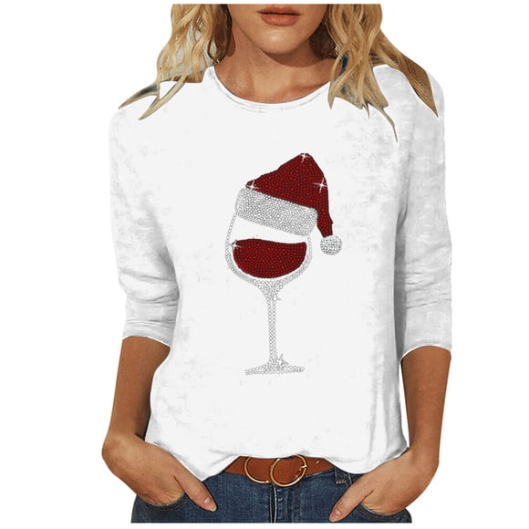 BLVB Womens Christmas 3/4 Sleeve Crew Neck T-Shirts Red Cup Graphic Tee Tops Winter Holiday Family Party Matching Tops