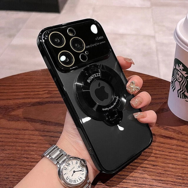 SuperShield Phone Case for iPhone 15 Pro in black, designed with a large window and magnetic bracket for MagSafe compatibility and wireless charging. Features cushioned corners, anti-scratch technology, and a durable O-ring stand for hands-free use. Includes a lens protector and thickened air cushion material for enhanced drop resistance and screen protection.