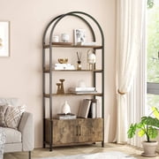 Ourlova 4 Tier Arched Bookshelf with Doors Storage 71.5 Inch Tall Industrial Book Shelf with Metal Frame Open Curved Bookcase Display Shelf for Living Room and Office-Brown