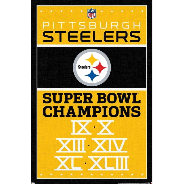 NFL Pittsburgh Steelers - Affiche Murale des Champions 13 Mettant en Vedette le logo des Steelers avec des Diamants Jaunes, Rouges et Bleus, Texte Audacieux « Pittsburgh Steelers » et « Super Bowl Champions » avec des Chiffres Romains IX, X, XIII, XIV, XXC et XLIII sur une Affiche Murale Jaune et Noire Brillante Idéale pour la Déco de Chambre Ou de Bureau.