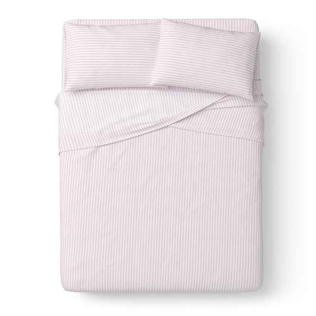 Mainstays Kids 220TC Cotton Stripe Pink Double, 4 Piece Sheet Set centered front-facing view of a double bed dressed in pink-and-white striped 100% cotton percale sheets, showing deep-pocket fitted sheet snug on mattress (fits up to 14-inch depth), flat sheet folded at foot, and two standard pillowcases with internal flap closures; close-up shows smooth percale weave and stripe pattern, neutral bedroom backdrop, often used to refresh children's bedrooms or guest rooms.