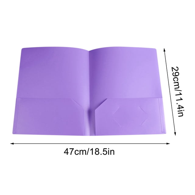 File folders letter size made of durable plastic, featuring a vibrant purple colour. The folder includes two interior pockets for document storage and a slot for a business card. Measuring 29 cm by 23.7 cm when closed and 47 cm by 29 cm when unfolded, it is designed for letter-sized documents. Ideal for office or school use, offering water resistance and long-lasting durability.