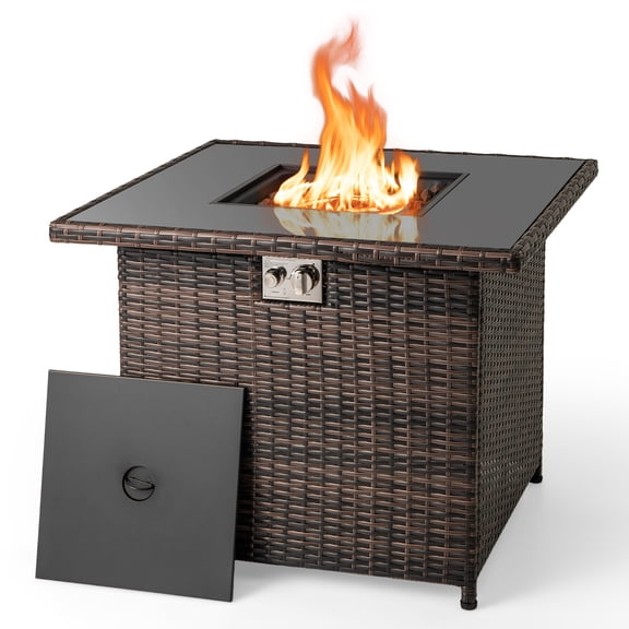 Gymax Table de Foyer au Propane de 32,5 Po pour l'Extérieur, Foyer au Gaz en Osier avec Brûleur en Acier Inoxydable, Brun