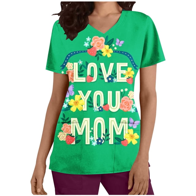 Birdeem Womens Fashion Short Sleeve V-Neck Tops Working Uniform Printing with Pocket Blouse Tops